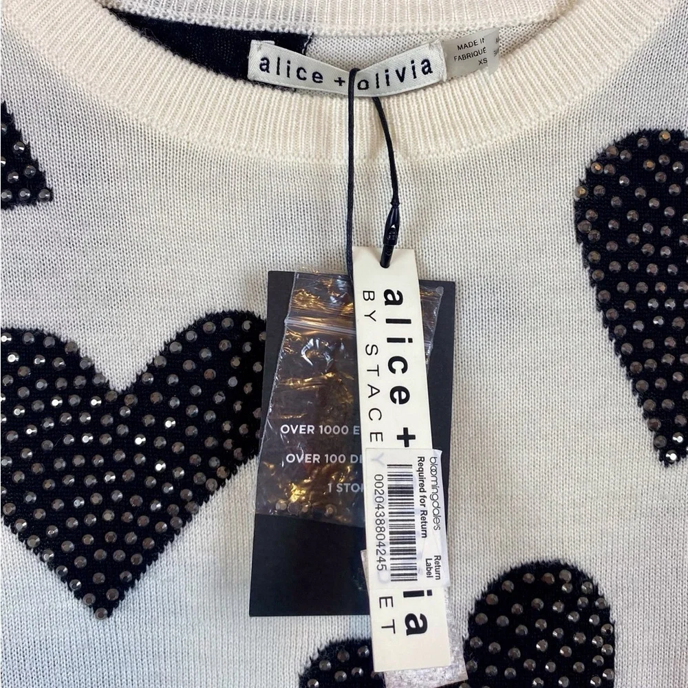 NWT Alice + Olivia Reinstone Hearts Wool Crewneck Sweater in Cream Black Size XS